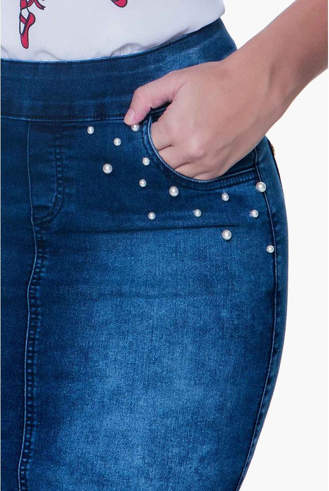 saia jeans com perola
