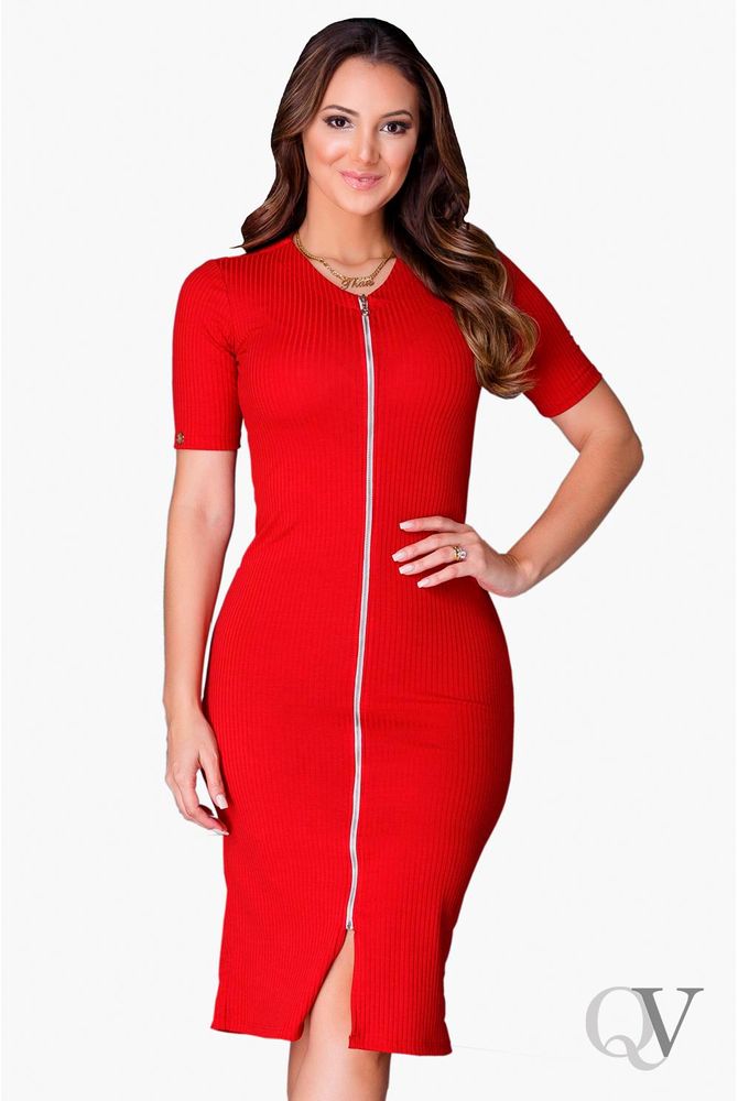 vestido midi com ziper na frente