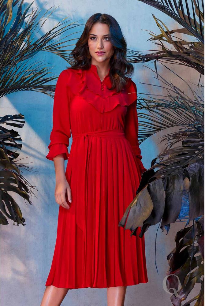 vestido vermelho midi com babado