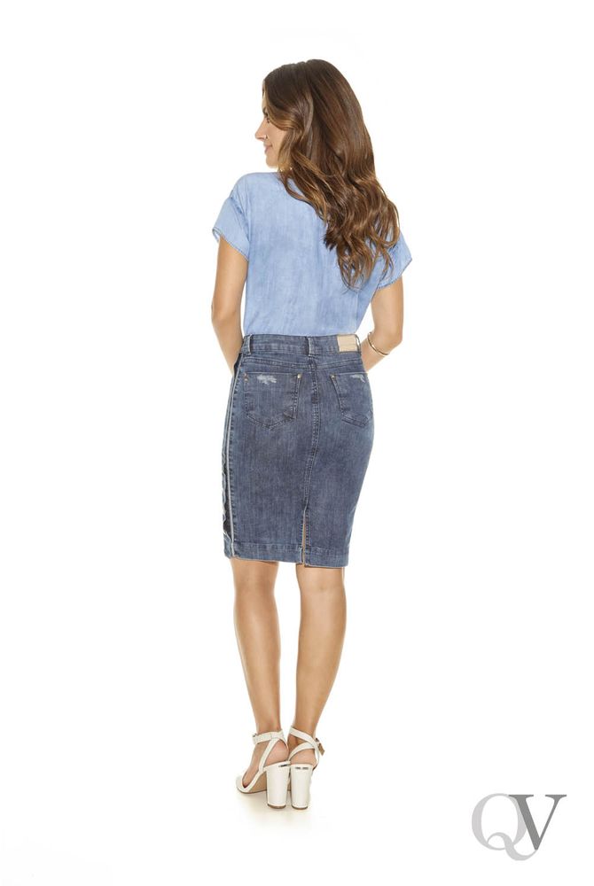 saia jeans com faixa lateral
