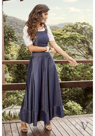 vestido jeans com bordado floral