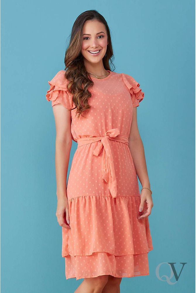 Vestido Crepe Pipoquinha Babados Sobrepostos Laranja Tata Martello Moda  Evangélica Feminina - QVesti - Qvestido Mobile - 2019